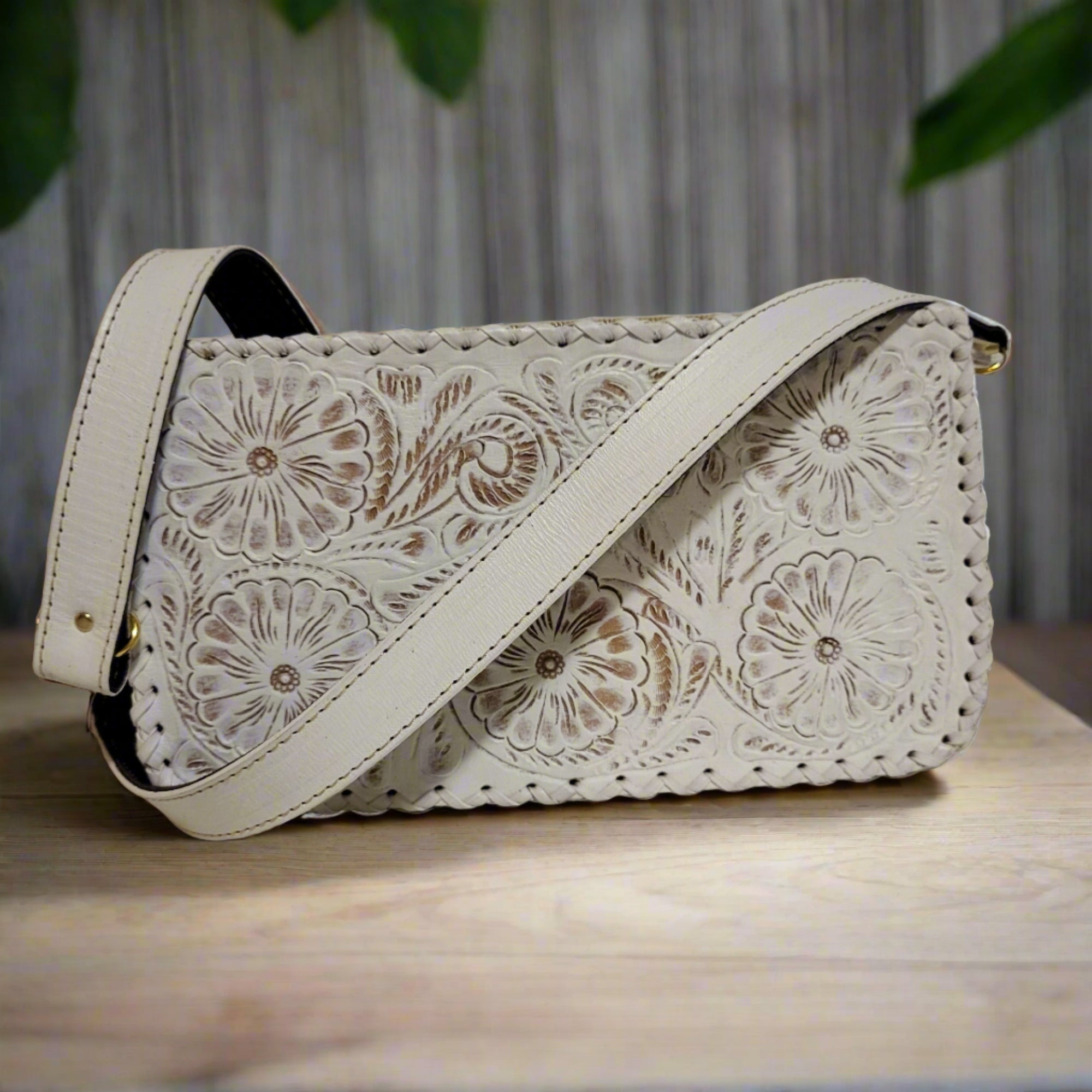 Hand tooled leather bag for women, small shoulder leather bag, white leather bag