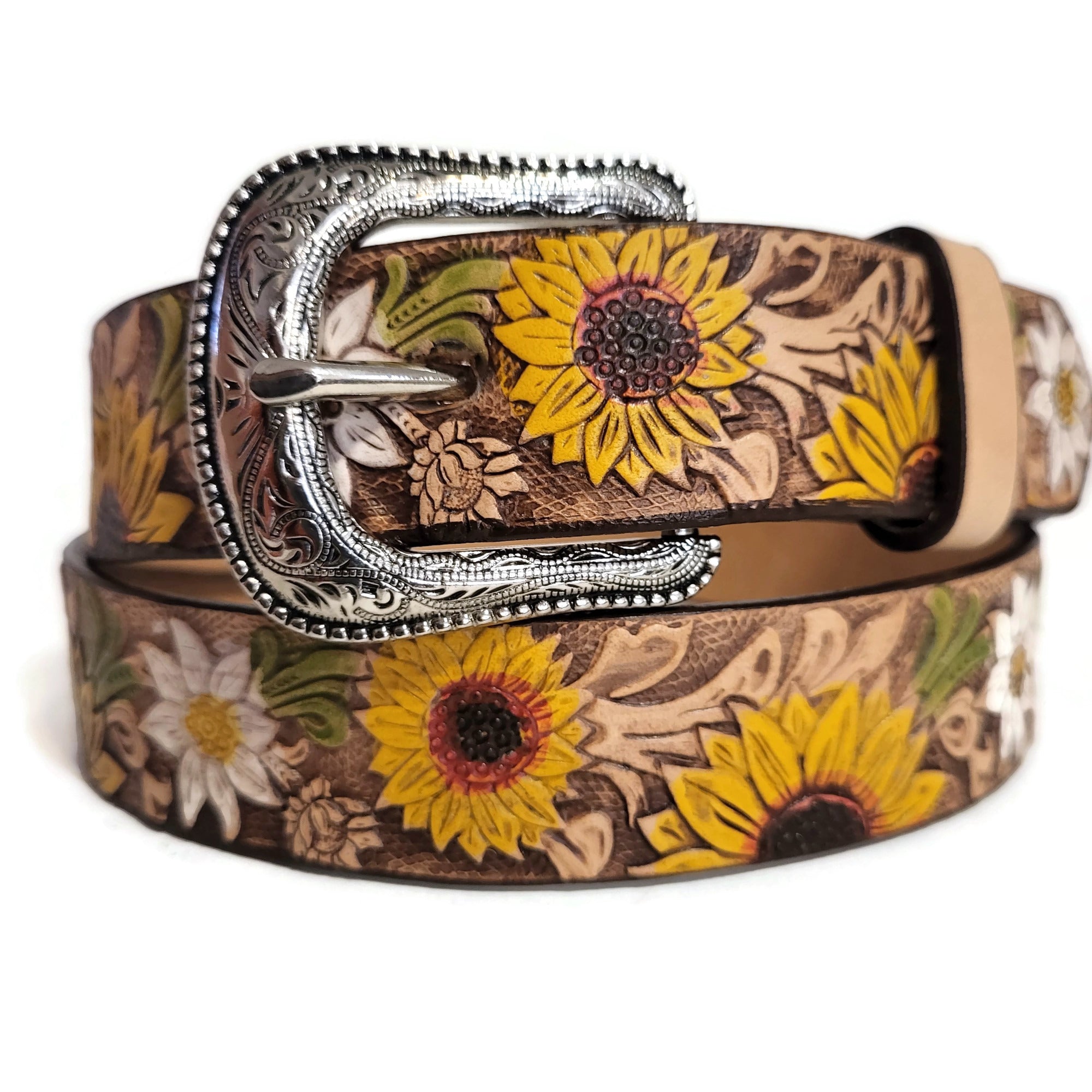 Leather belt for girls, handmade, sunflower belt, brown belt, gift for girls
