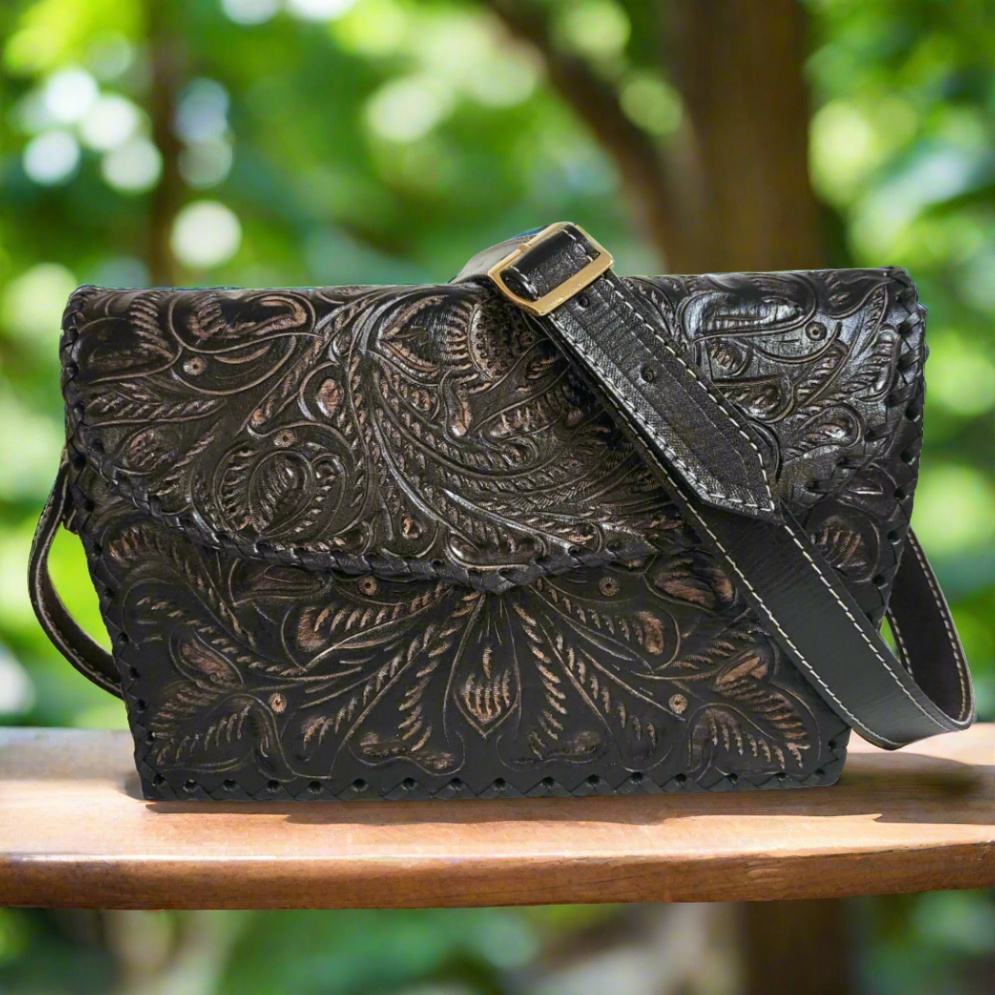 hand tooled leather bag for women, black bag, genuine leather
