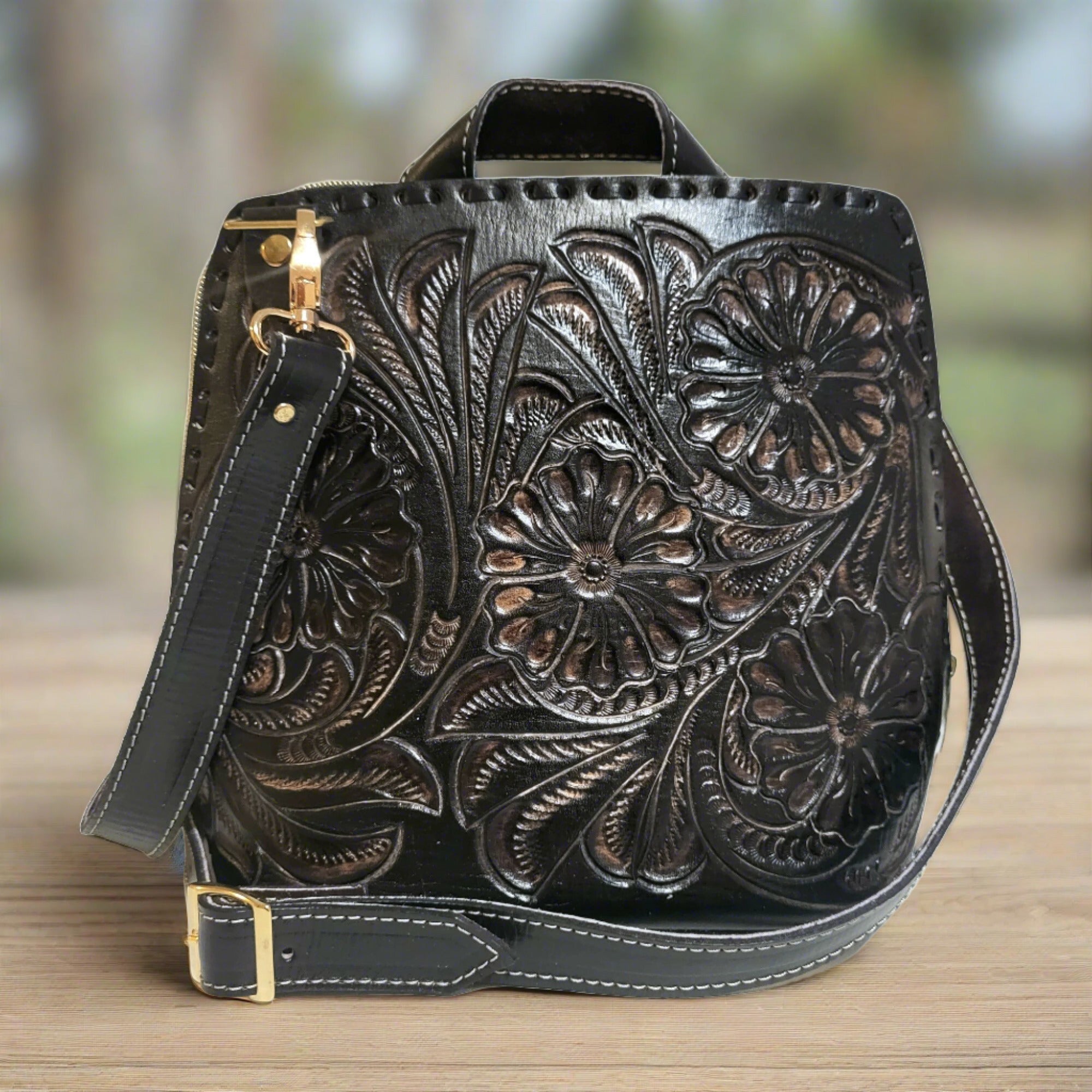Leather backpack women , hand tooled leather