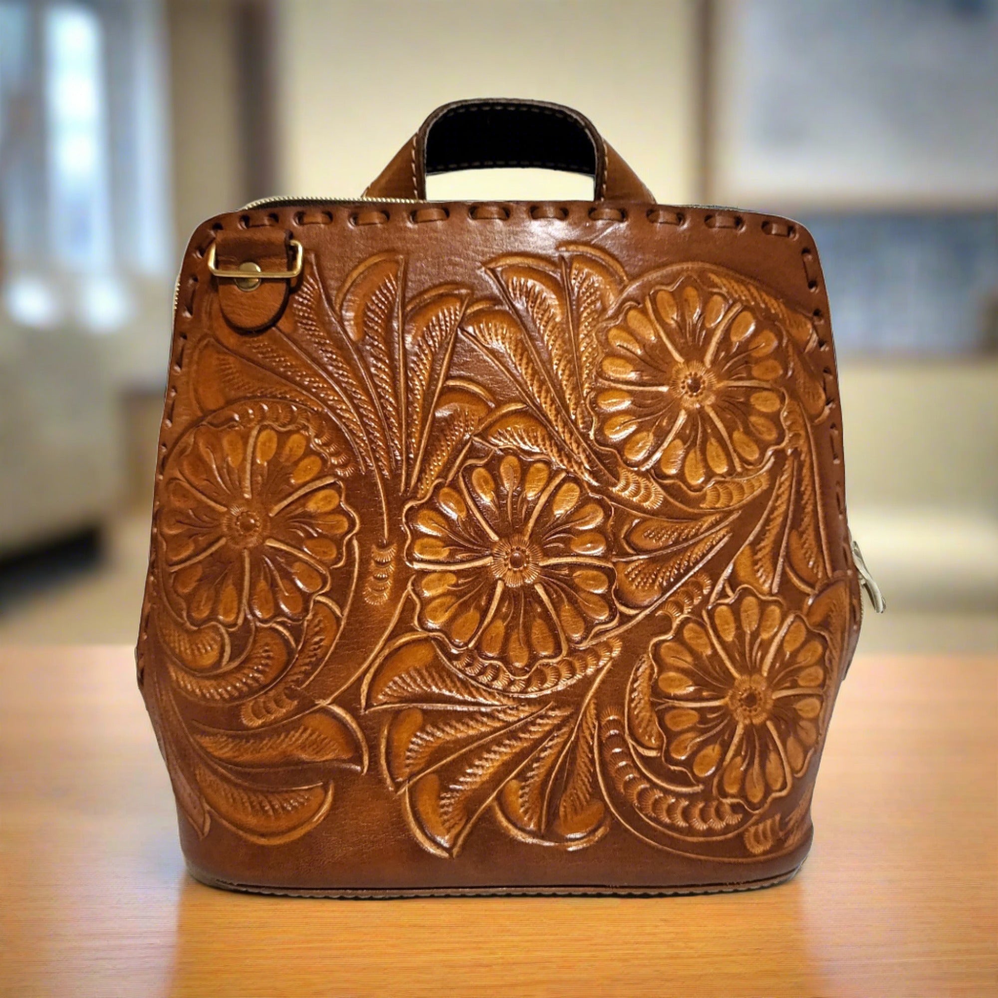Leather bag backpack for women, Hand tooled leather bag for women