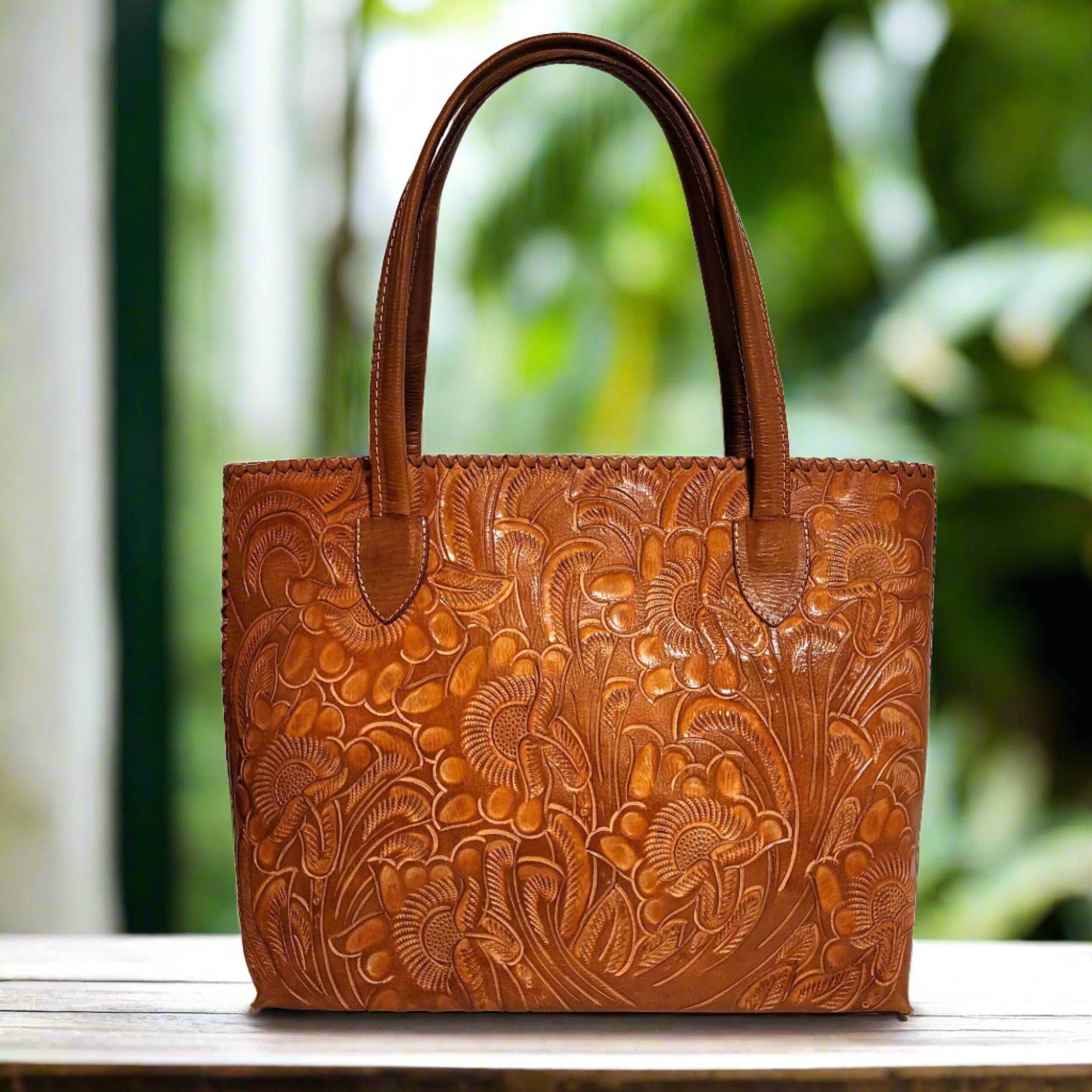 hand carved leather bag for women, tote leather 