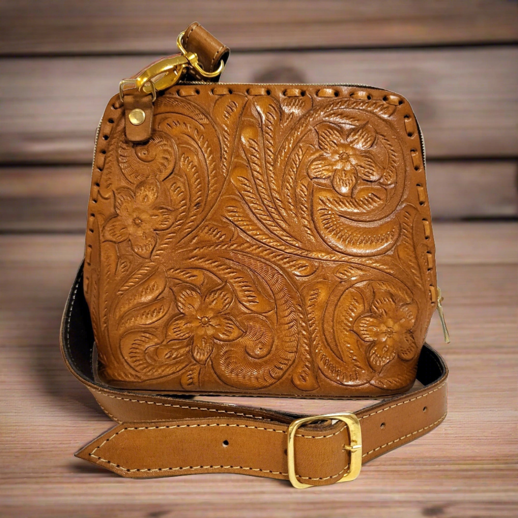 Hand-tooled leather bag for women, small bag, shoulder bag, brown leather bag with zipper
