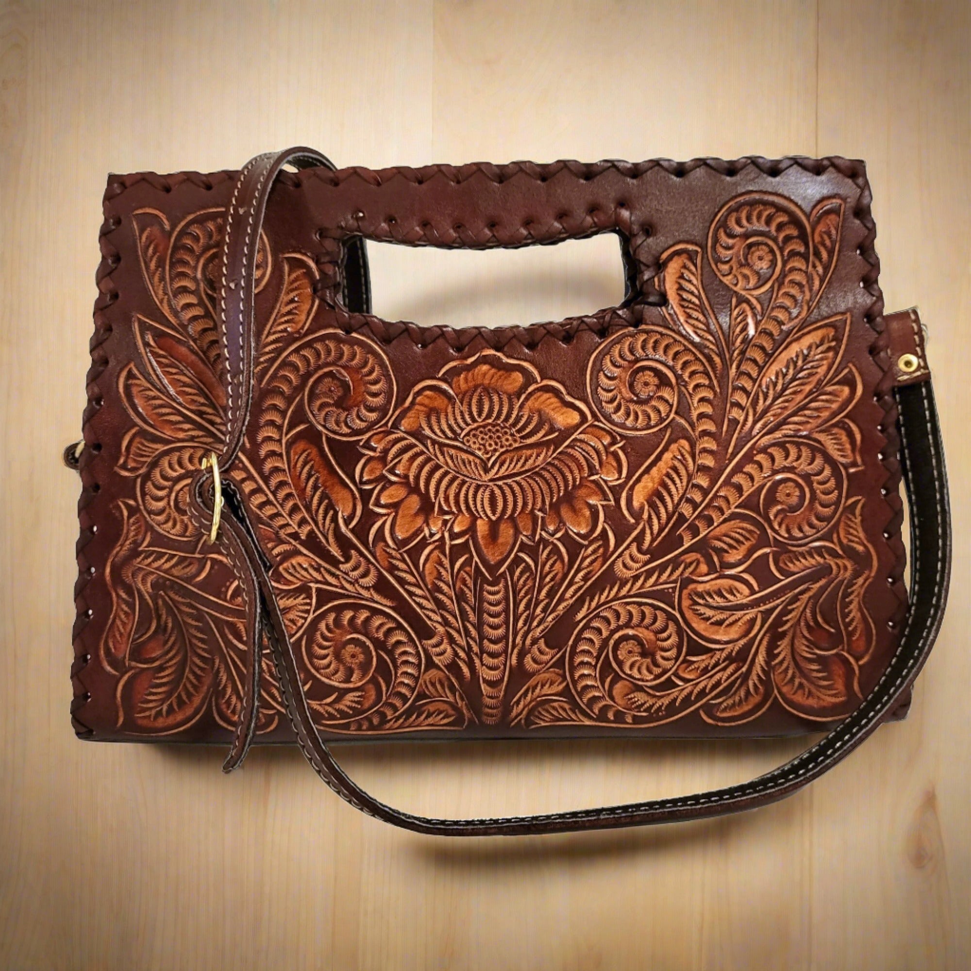 Hand tooled leather bag for women handmade from genuine veg-tan leather,  shoulder leather bag for her.