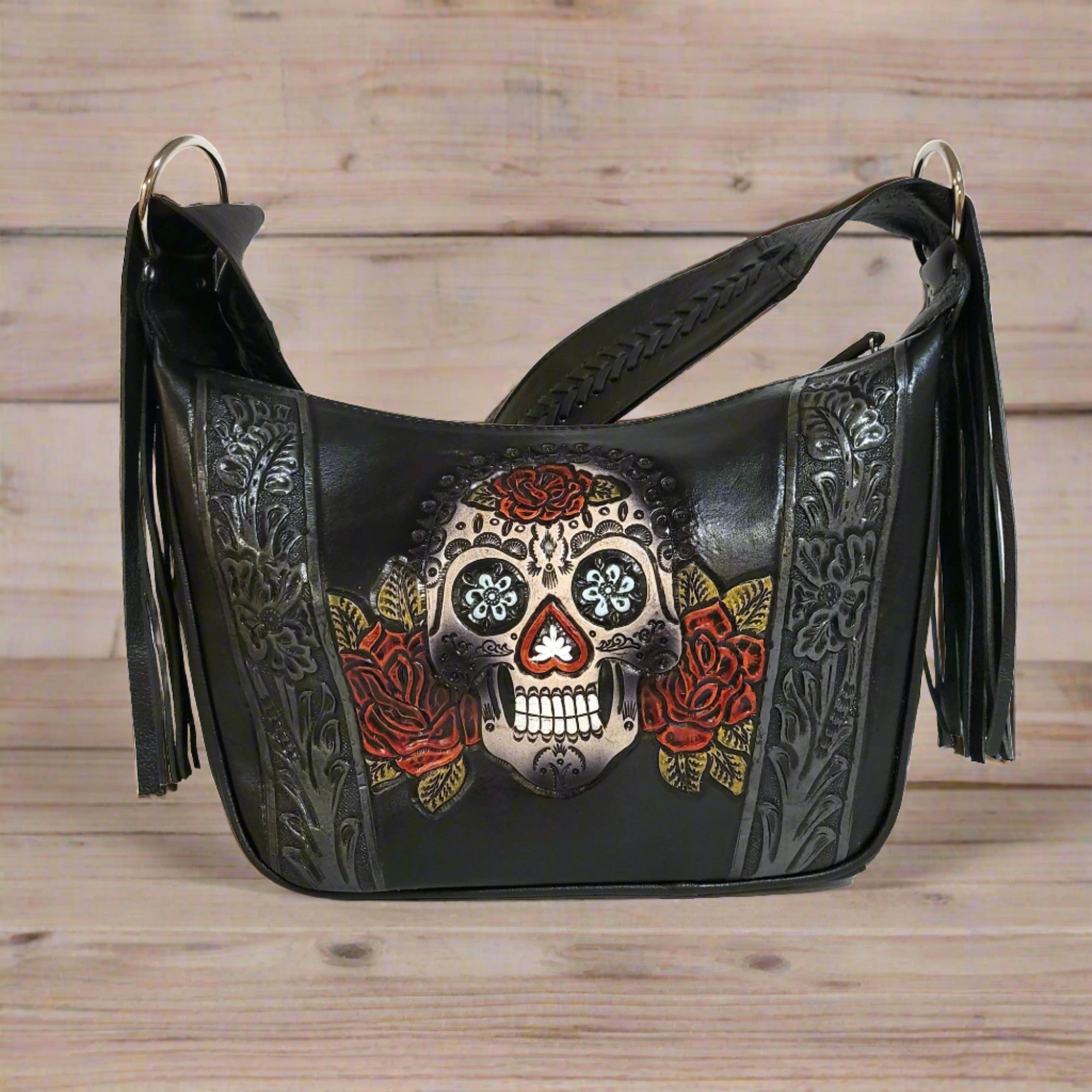 Hand tooled leather bag, Skull,  Black Bag