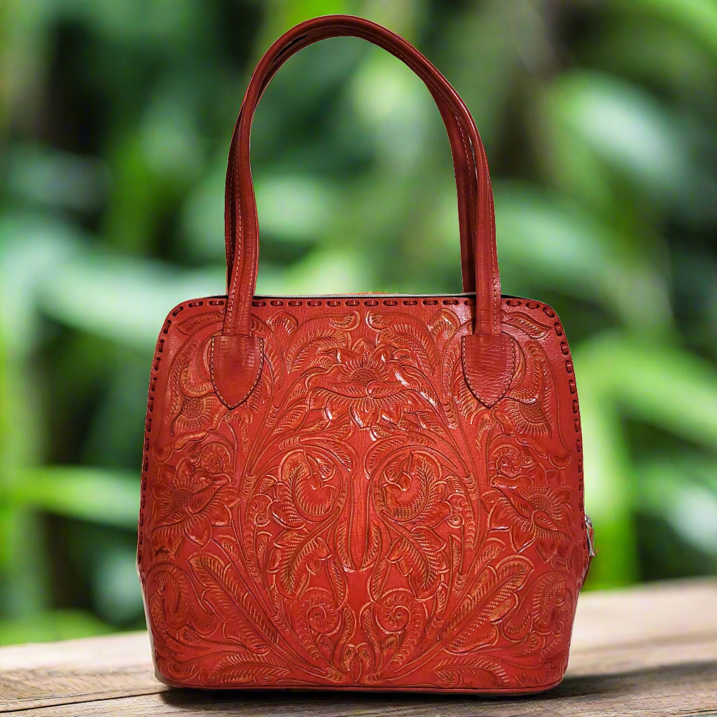 Red leather bag for women,  Hand Tooled Leather Bag 