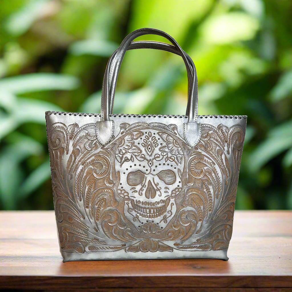 Leather Tote bag for women,  skull bag,  hand tooled leather bag 