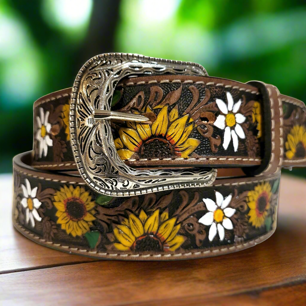 Sunflower leather belt for women,  handmade with genuine leather 