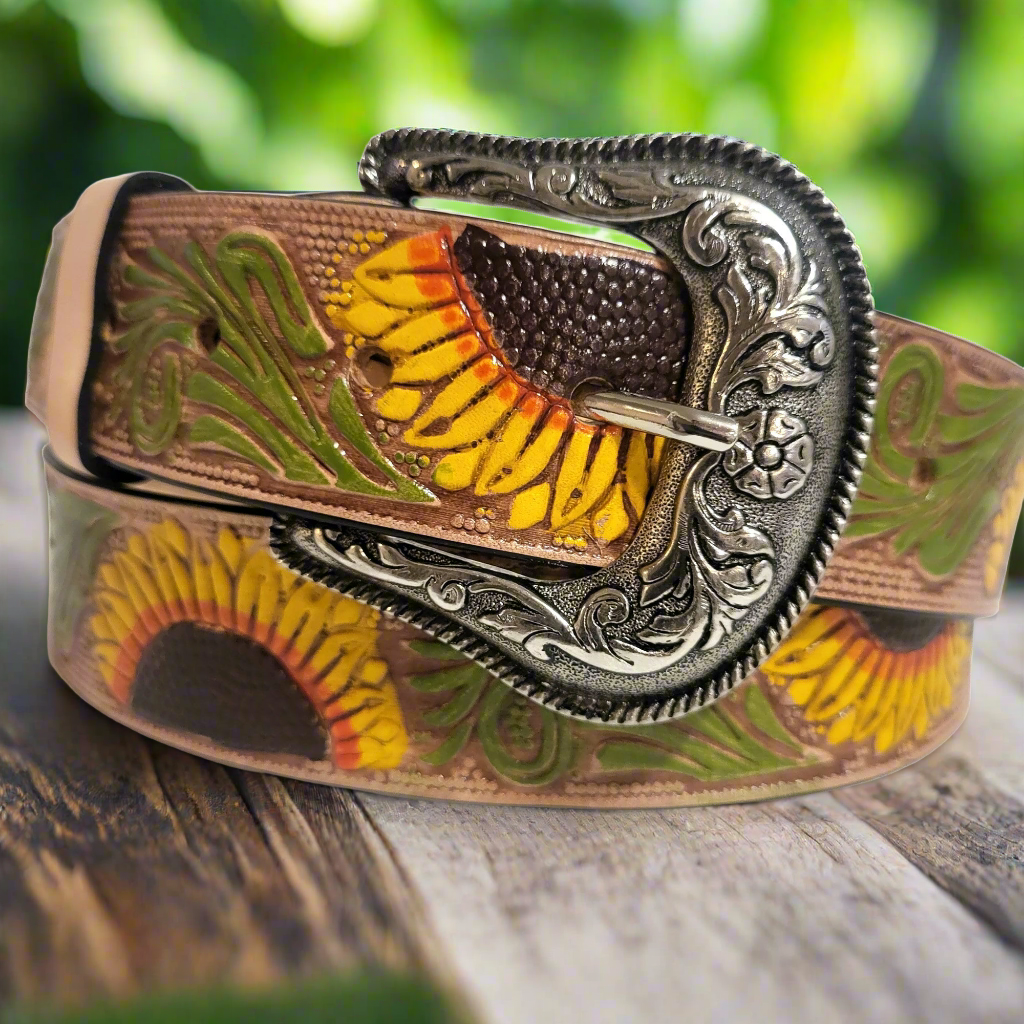 Leather belt for women,  sunflower leather belt 