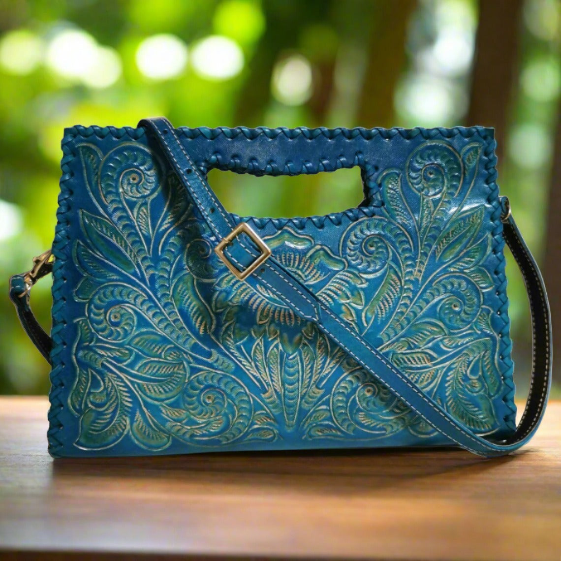 Hand tooled leather bag for women, blue  leather bag, hand carved leather bag  for her