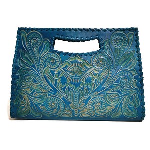 Hand tooled leather bag for women, blue  leather bag, hand carved leather bag  for her