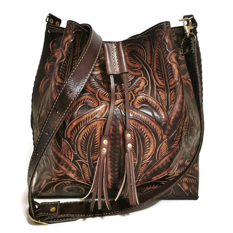 Hand tooled leather bag for women , brown bag