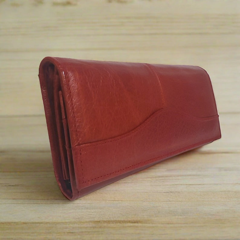 Red leather wallet for women, handmade, genuine leather, wallet with zipper