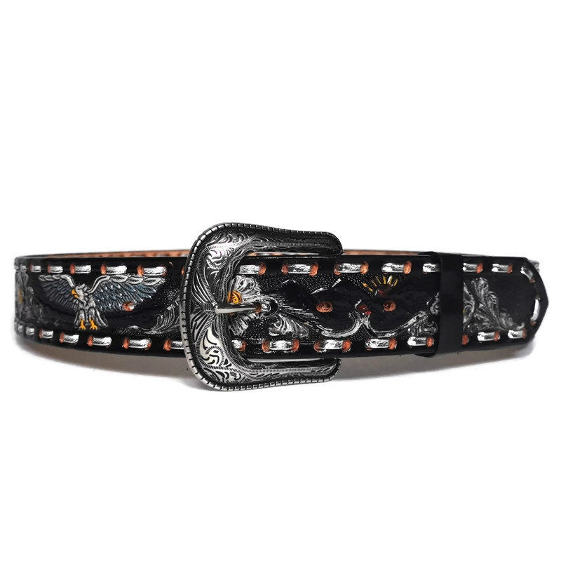 Handmade Black Leather Cowgirl Belt: Embossed Floral Western Belt