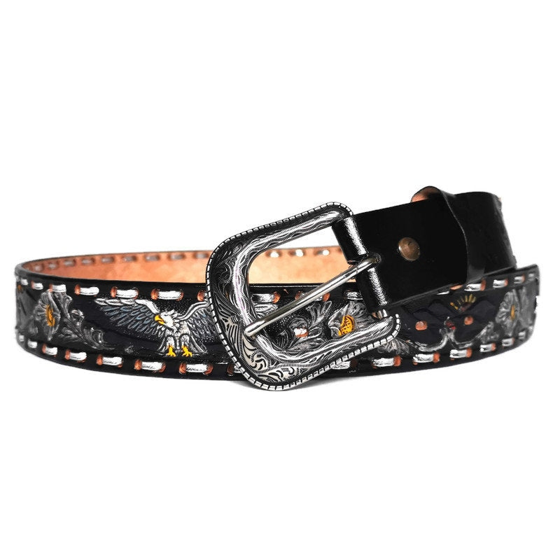 Handmade Black Leather Cowgirl Belt: Embossed Floral Western Belt
