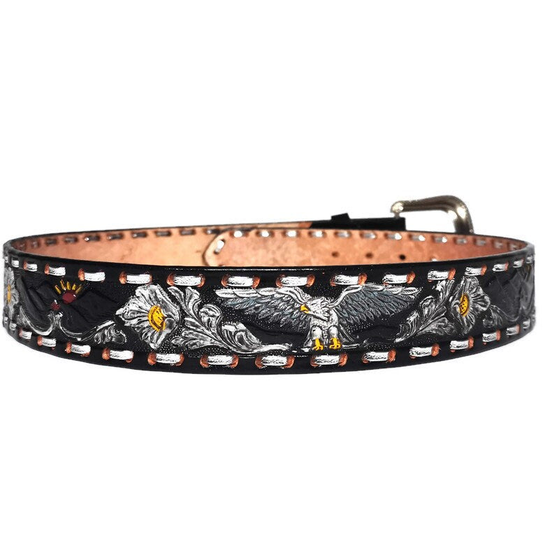 Handmade Black Leather Cowgirl Belt: Embossed Floral Western Belt