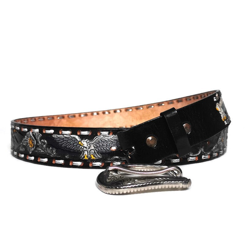 Handmade Black Leather Cowgirl Belt: Embossed Floral Western Belt