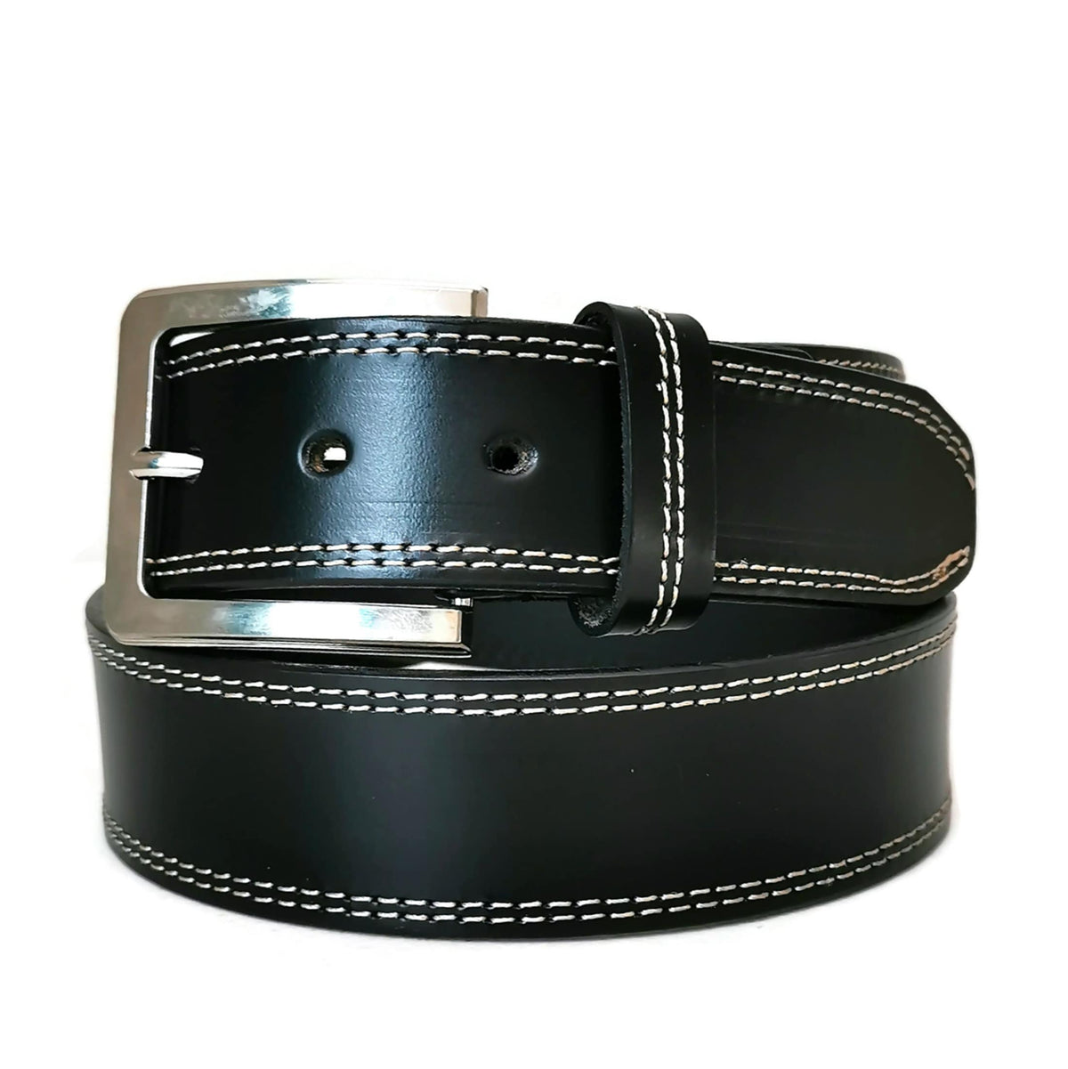 Handmade Full Grain Black Leather Belt: Stitched Design, Metal Buckle