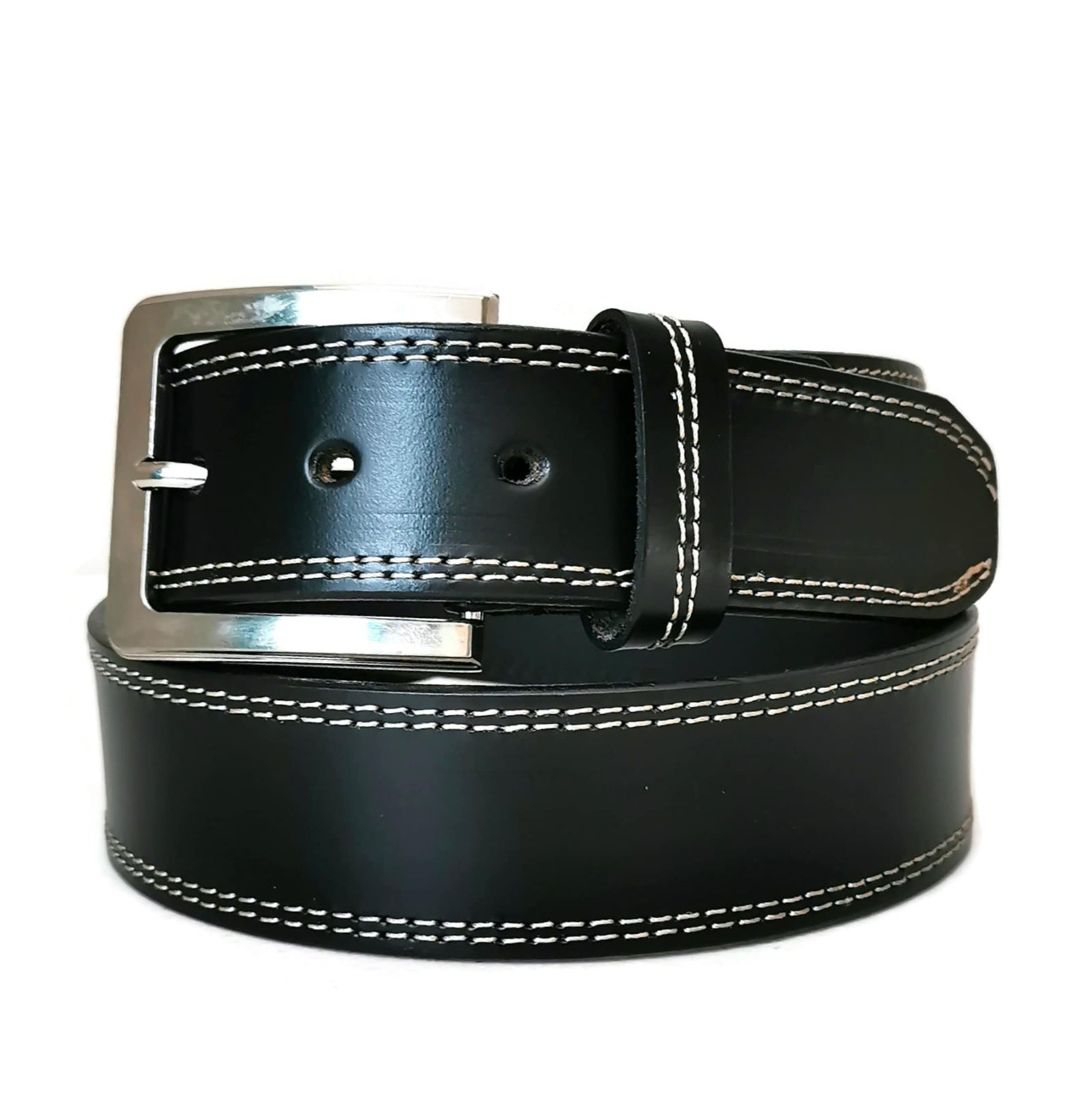 Black Leather Belt for Men,  Casual With Stitched Design, Metal Buckle