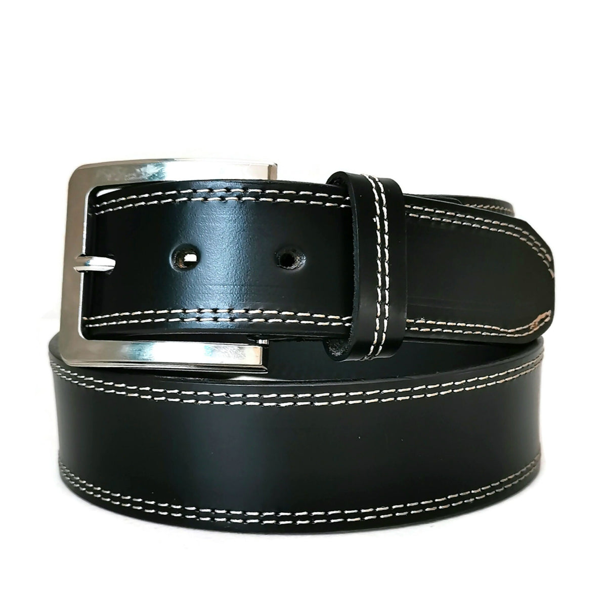 Handmade Full Grain Black Leather Belt: Stitched Design, Metal Buckle