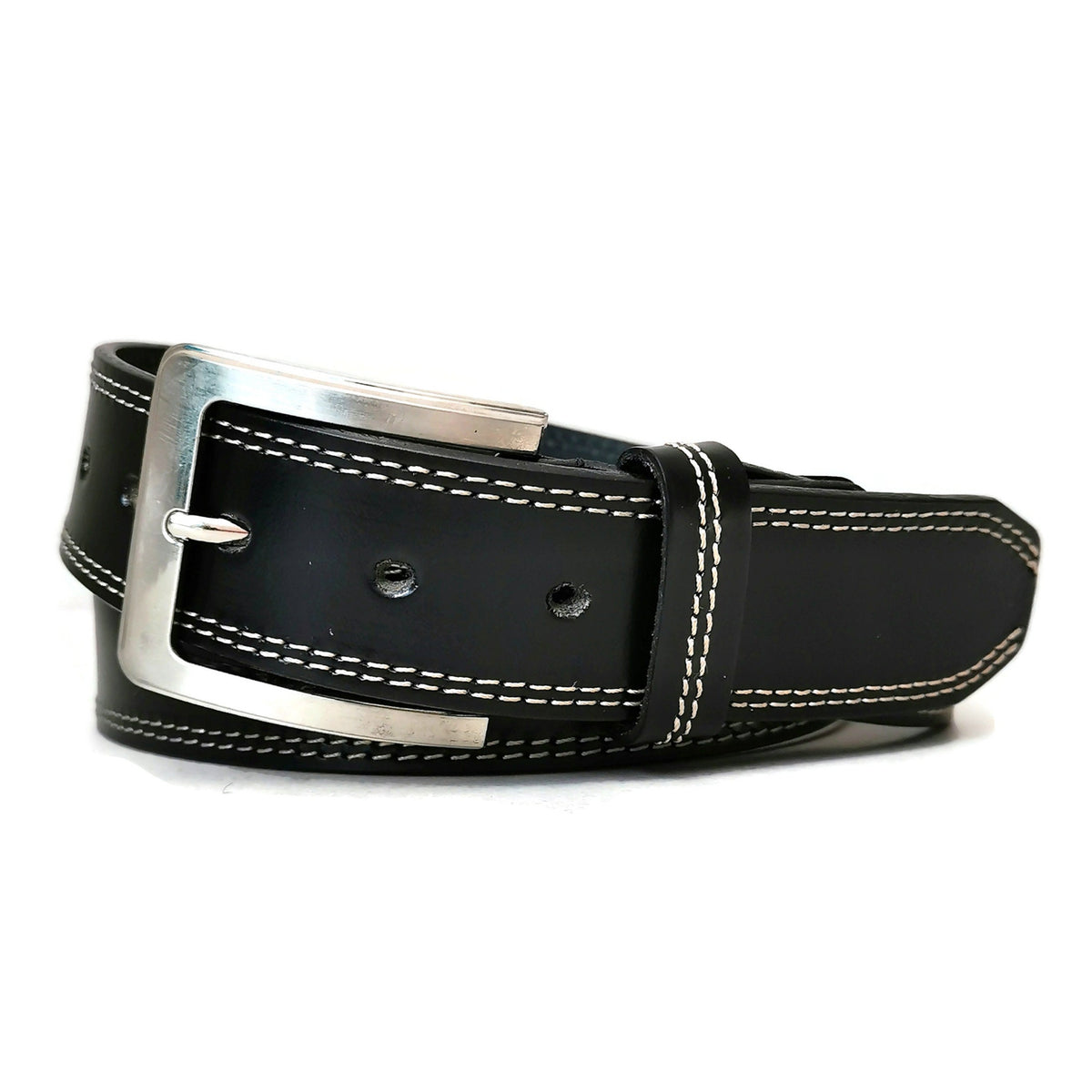 Handmade Full Grain Black Leather Belt: Stitched Design, Metal Buckle