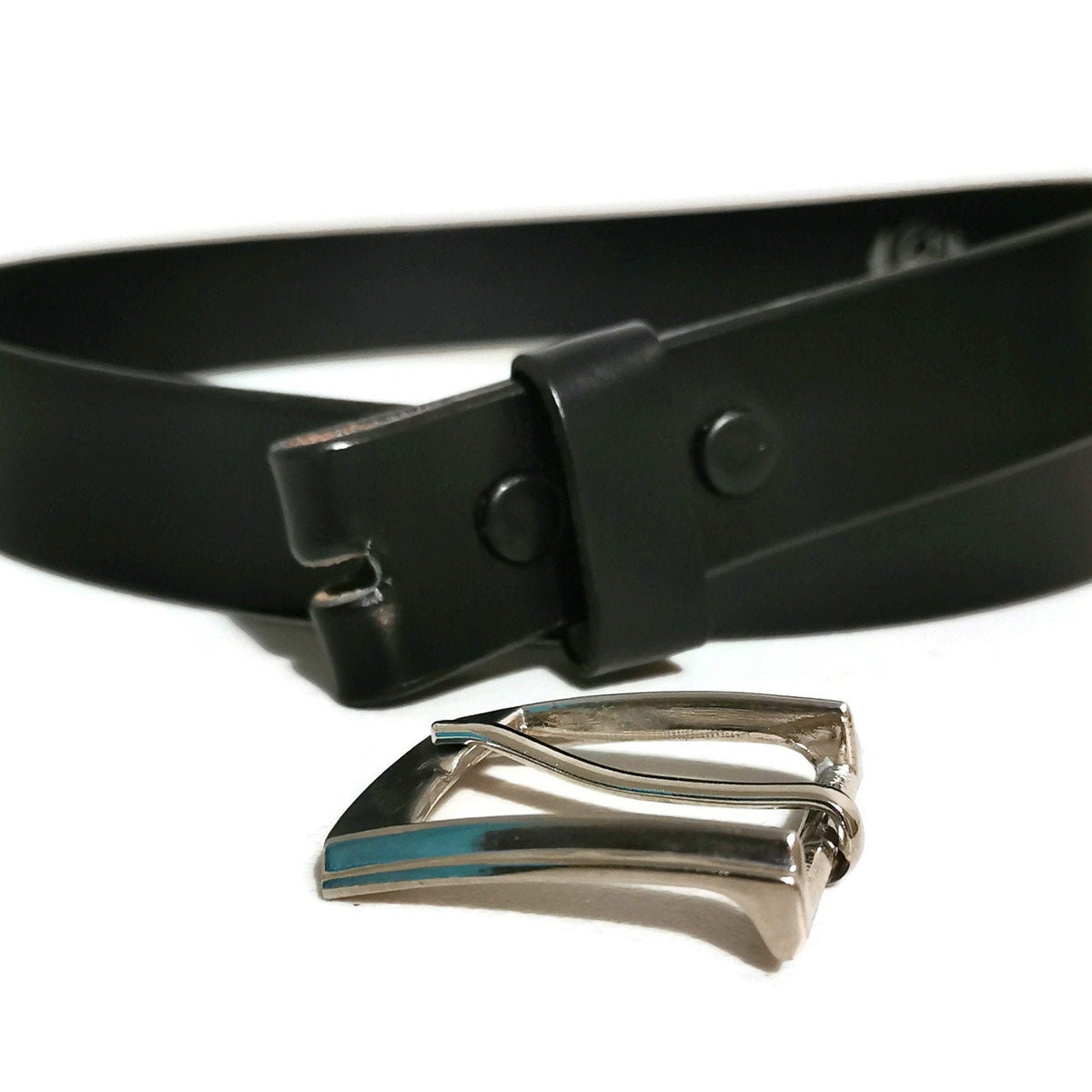 Skinny Black Leather Belt for Women with Removable Buckle, Personalized