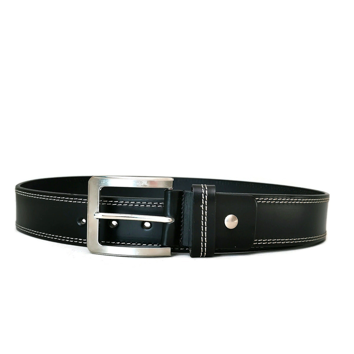 Handmade Full Grain Black Leather Belt: Stitched Design, Metal Buckle