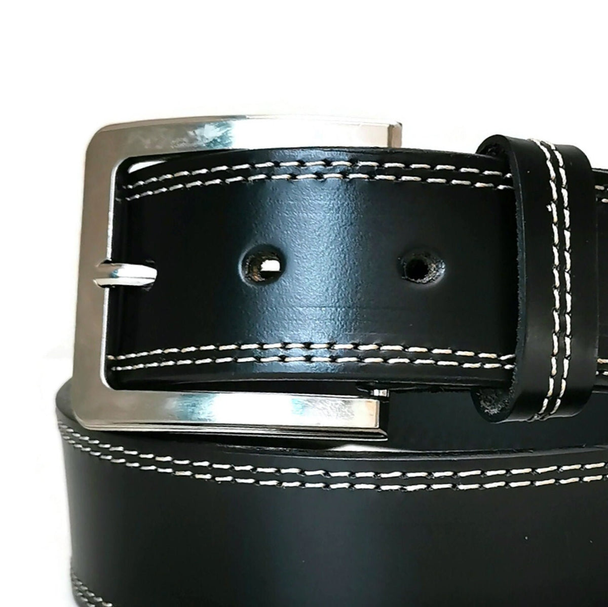 Handmade Full Grain Black Leather Belt: Stitched Design, Metal Buckle