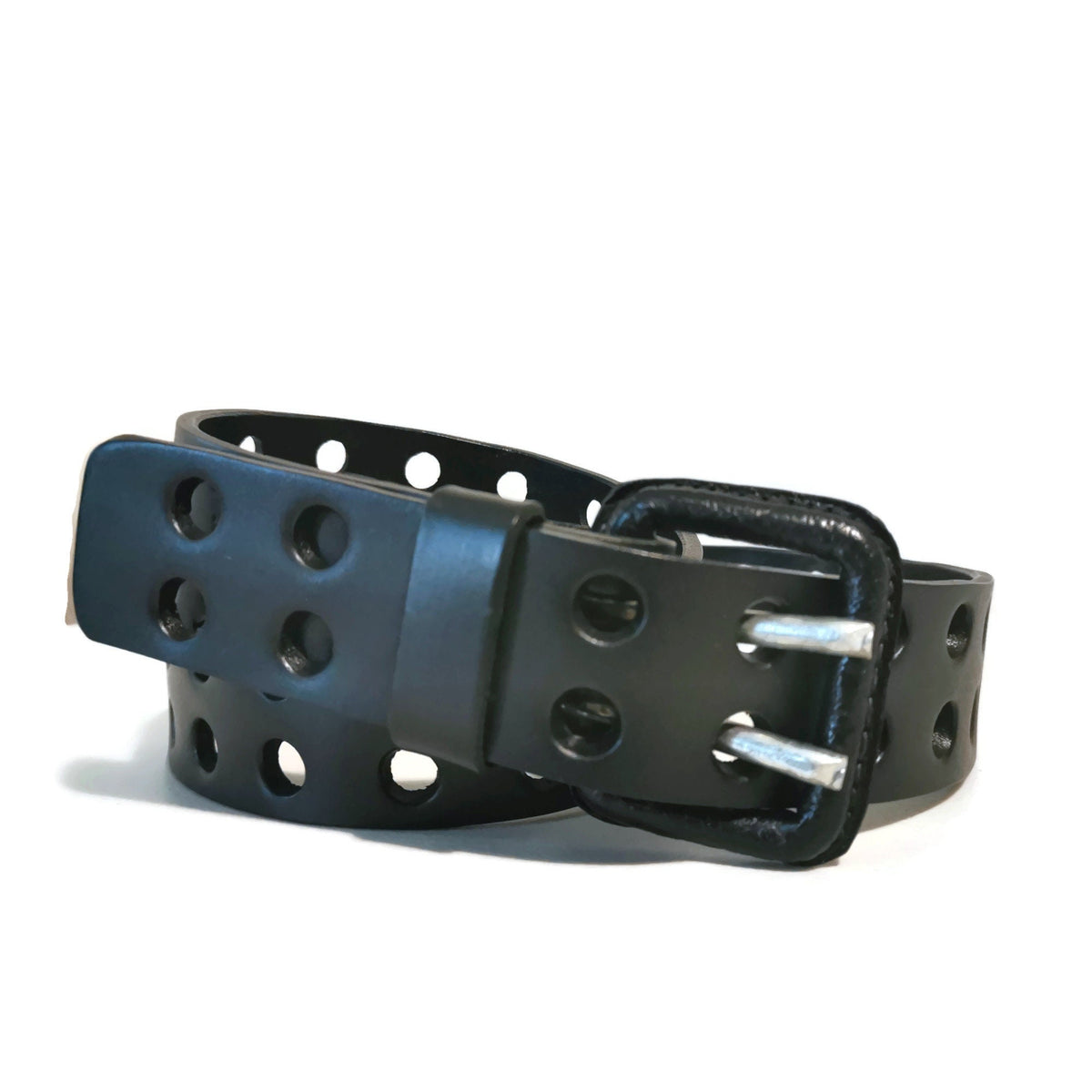 Full Grain Leather Belt for Men, Black, Double Prong Buckle Workwear Style