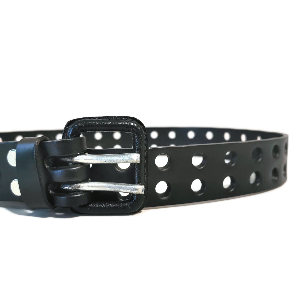 Full Grain Leather Belt for Men, Black, Double Prong Buckle Workwear Style