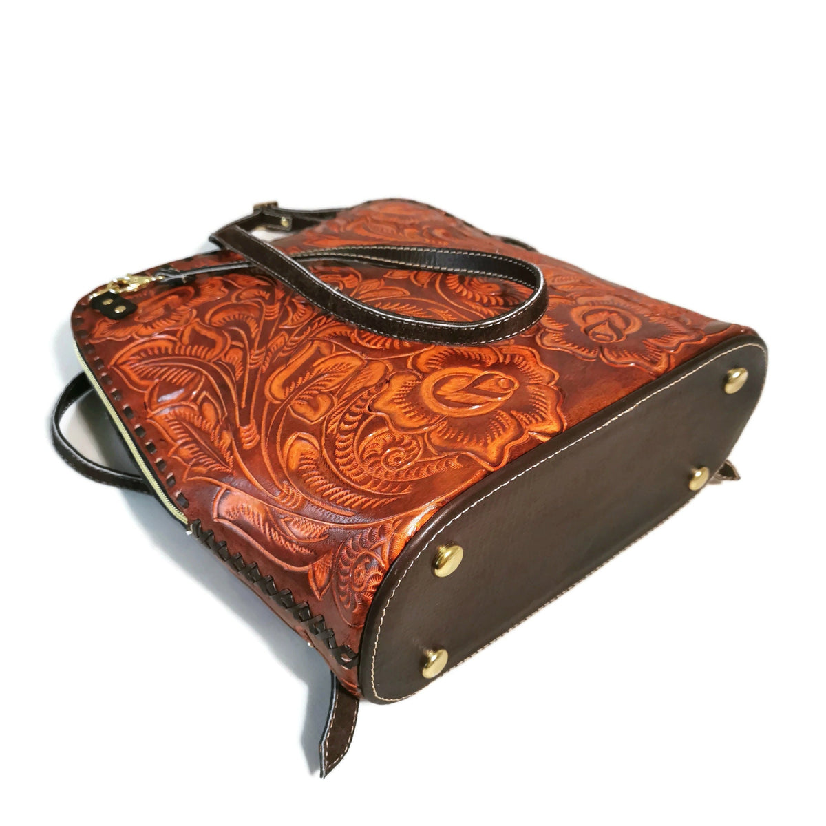 Hand tooled Leather Convertible Bag Backpack Purse: Rustic Tooled Bag