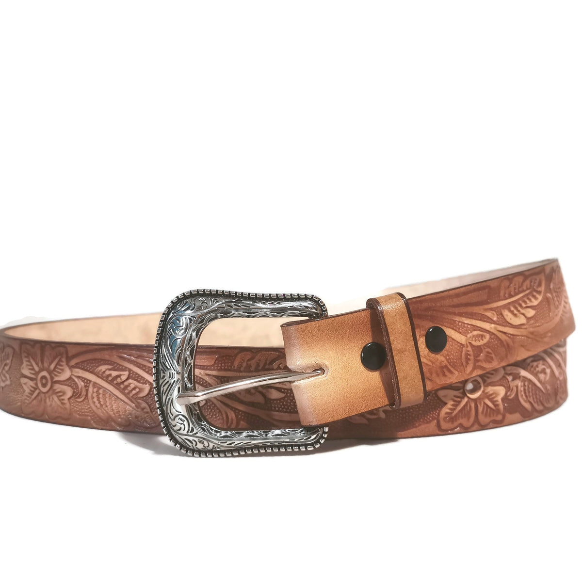 Brown Embossed Leather Belt Women Floral Western Boho, Removable Buckle,  Personalized