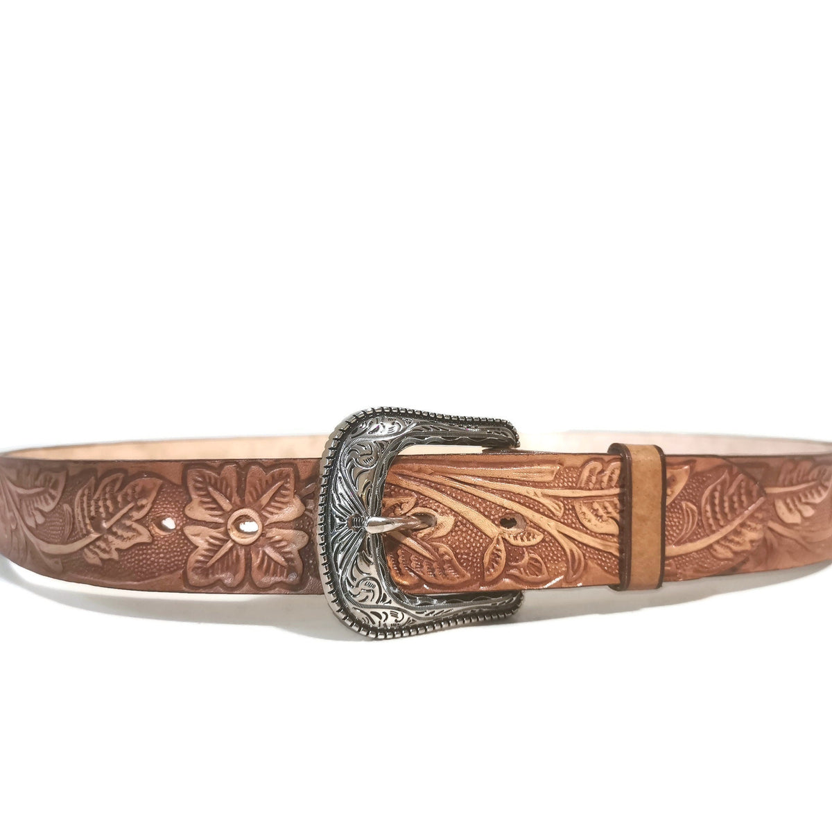 Brown Embossed Leather Belt Women Floral Western Boho, Removable Buckle,  Personalized