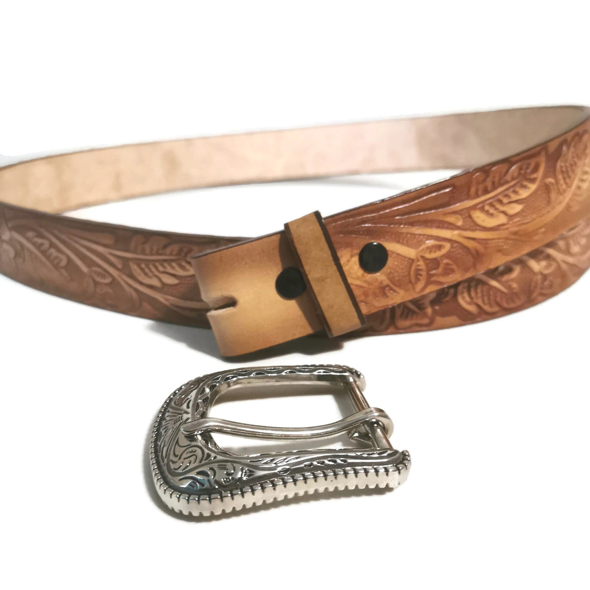 Brown Embossed Leather Belt Women Floral Western Boho, Removable Buckle,  Personalized