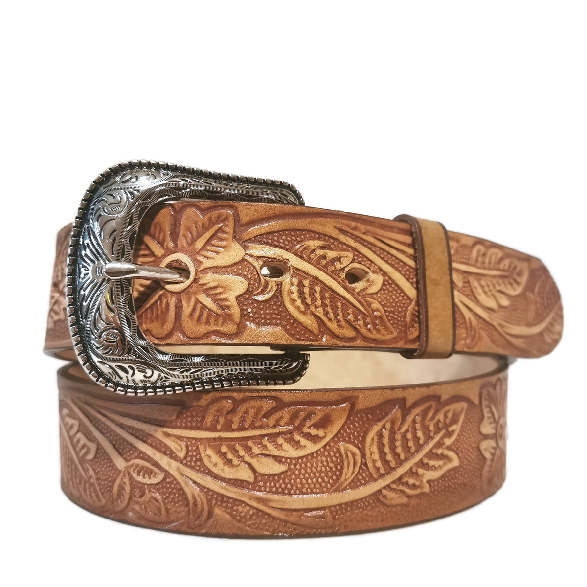 Brown Embossed Leather Belt Women Floral Western Boho, Removable Buckle,  Personalized