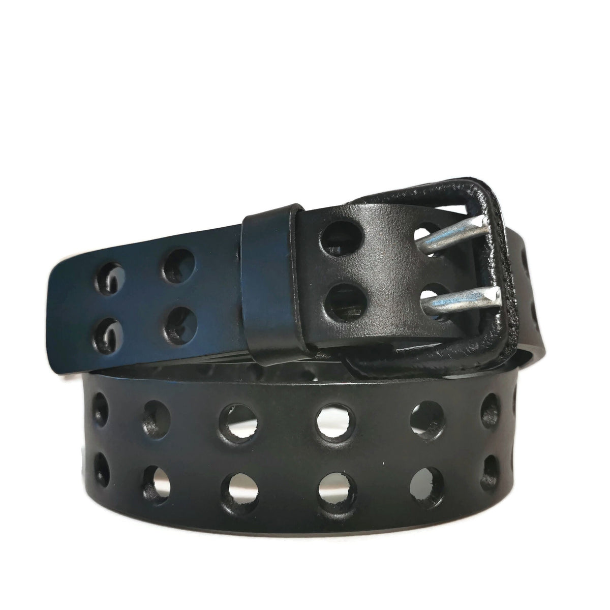 Full Grain Leather Belt for Men, Black, Double Prong Buckle Workwear Style