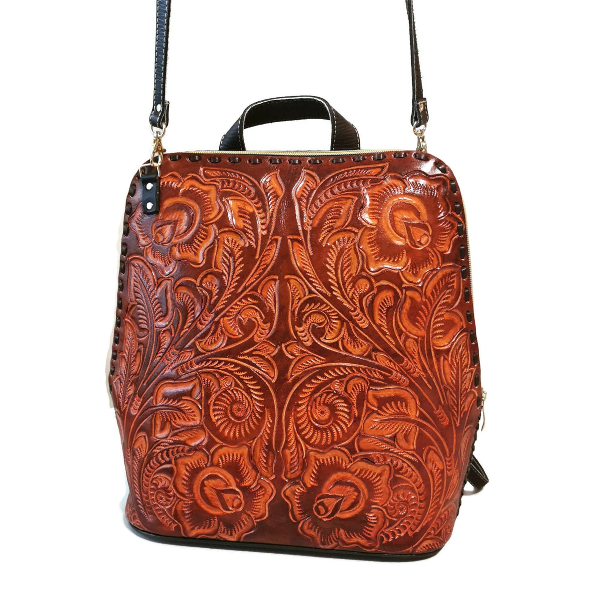 Hand tooled Leather Convertible Bag Backpack Purse: Rustic Tooled Bag