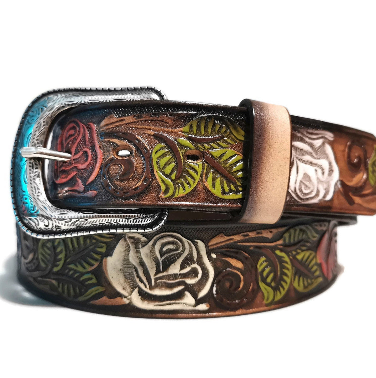 Personalized Brown Leather Belt For Women Roses Embossed, Boho Bohemian