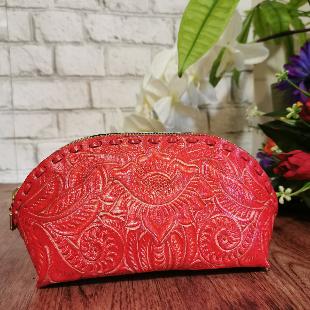 Handmade Red Leather Cosmetic Bag: Tooled Floral Makeup Pouch