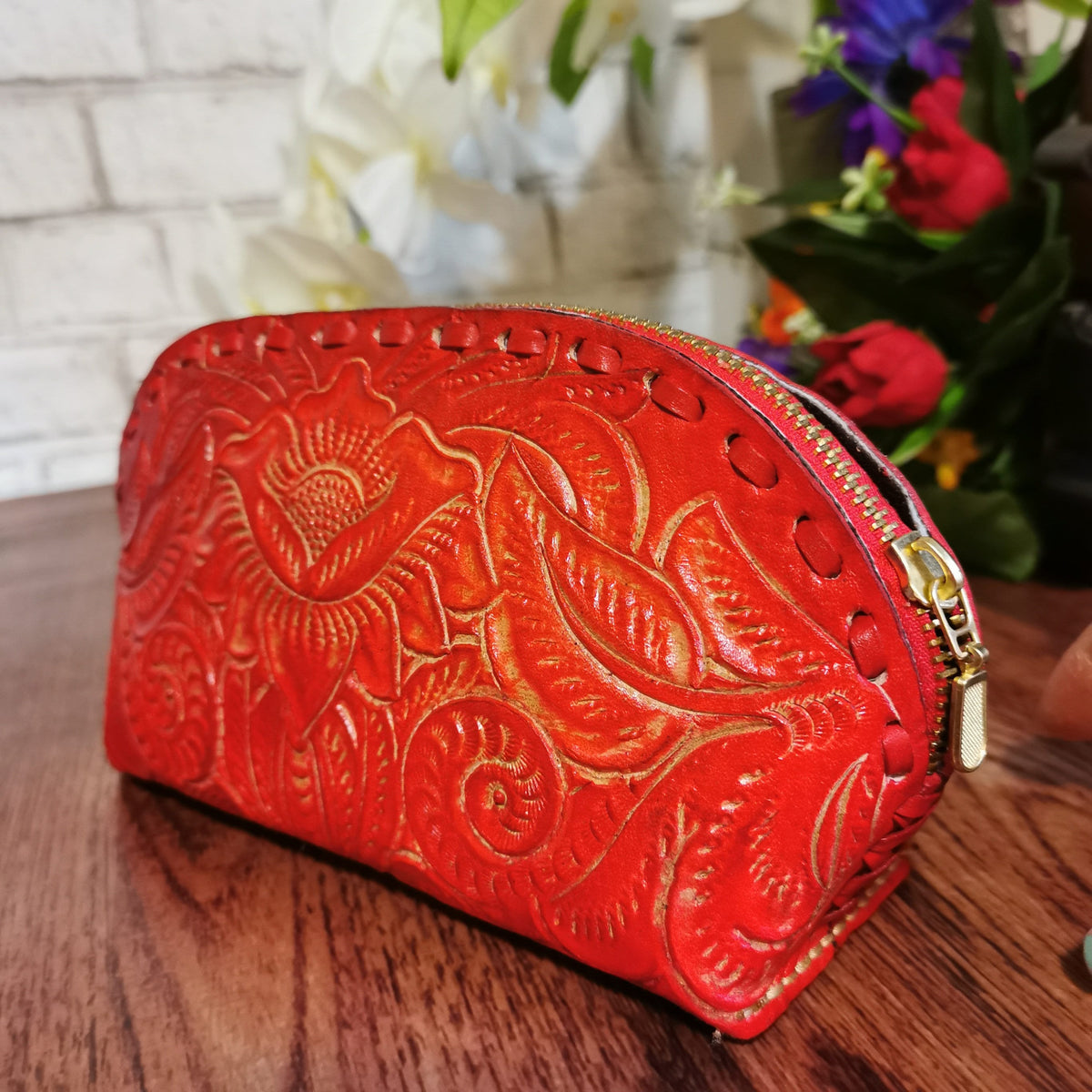 Handmade Red Leather Cosmetic Bag: Tooled Floral Makeup Pouch