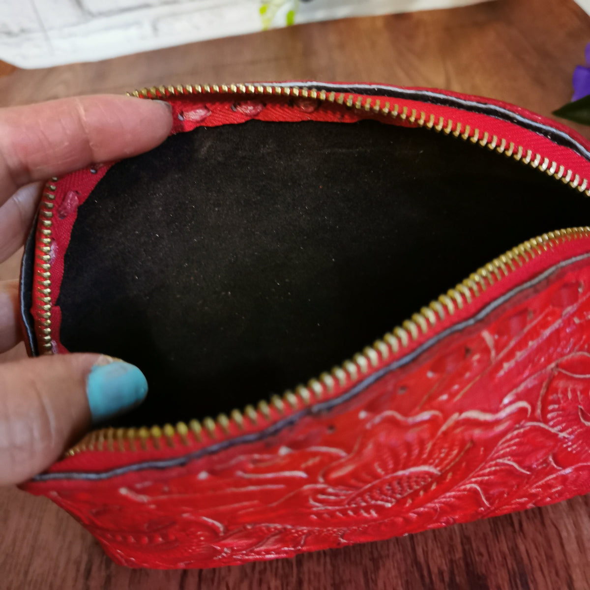 Handmade Red Leather Cosmetic Bag: Tooled Floral Makeup Pouch