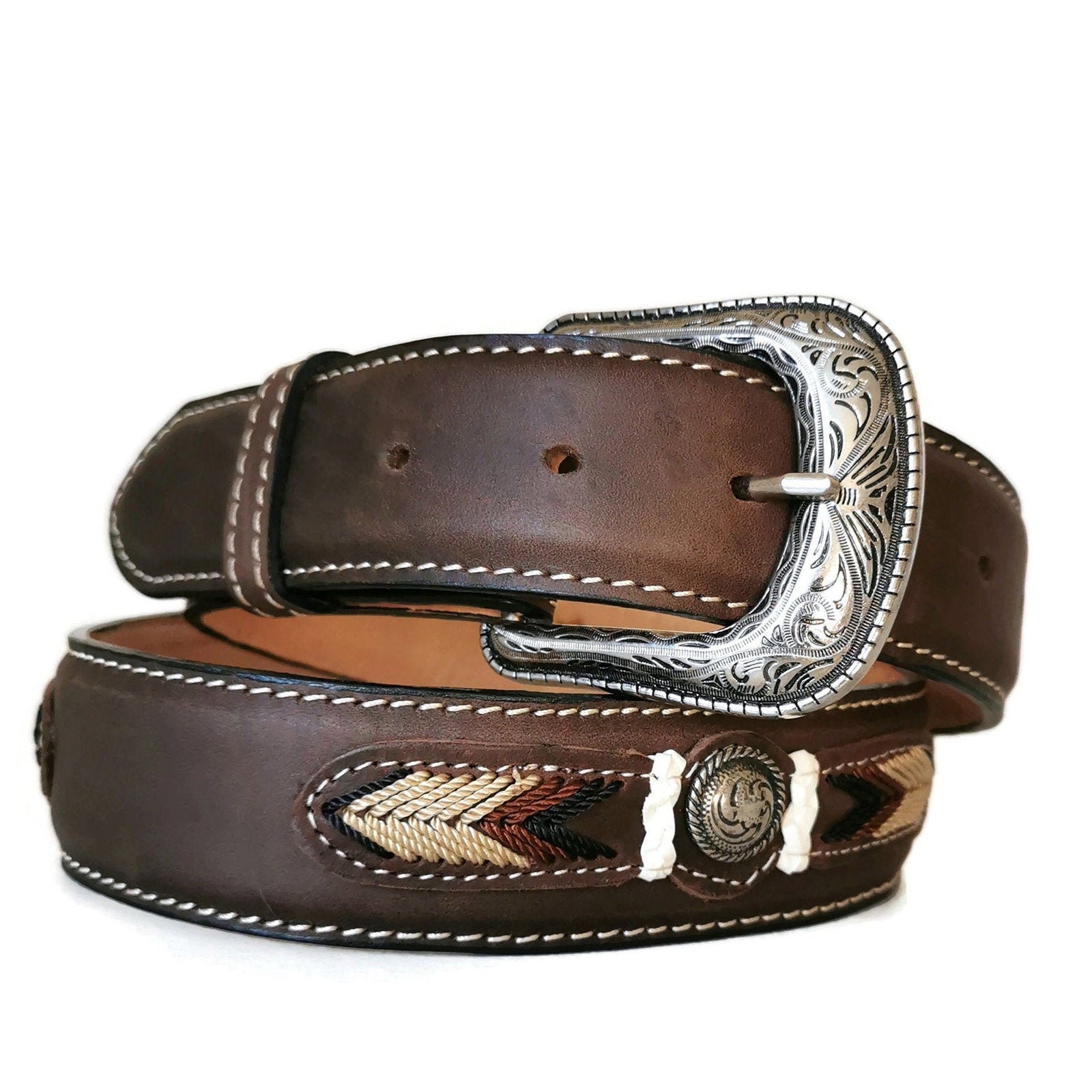 Brown Western Leather Belt: Cowboy Rodeo Style with Removable Buckle