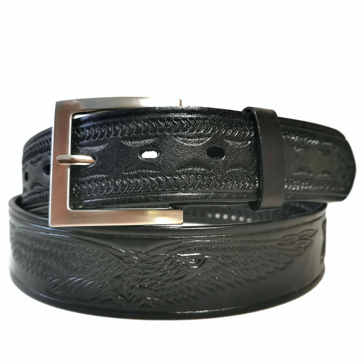 Embossed Leather Cowboy Belt: Men's Western Belt with Eagle Buckle Removable