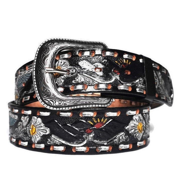 Black Leather Cowgirl Belt: Embossed Floral Western , Rodeo, Cowgirl
