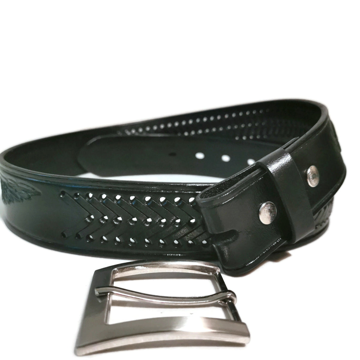 Embossed Leather Cowboy Belt: Men's Western Belt with Eagle Buckle Removable