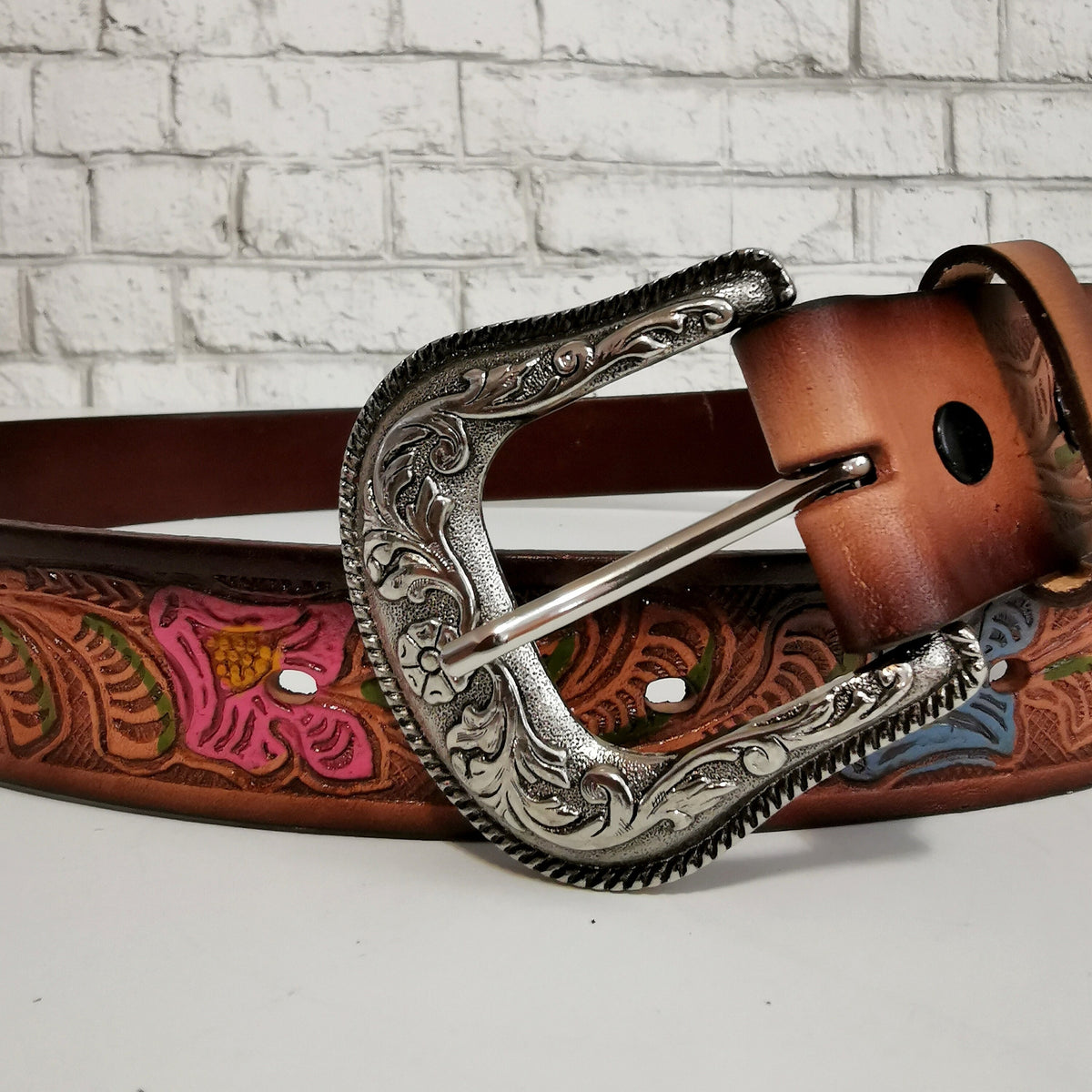 Brown Leather Belt for Women, Floral Embossed, Bohemian Boho Chic