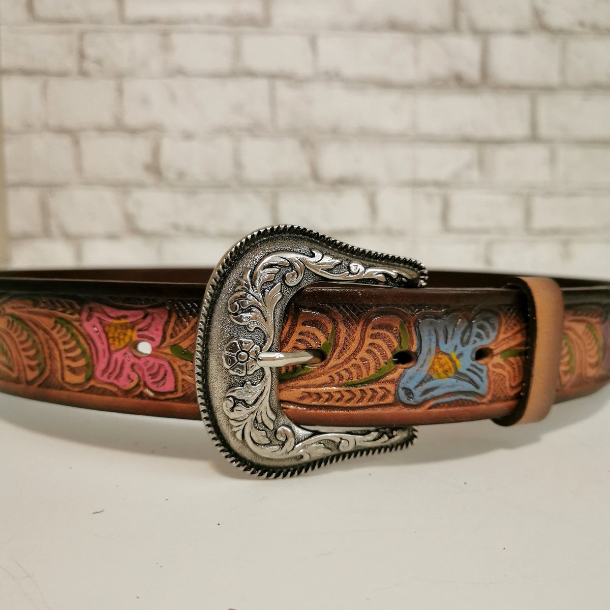 Brown Leather Belt for Women, Floral Embossed, Bohemian Boho Chic