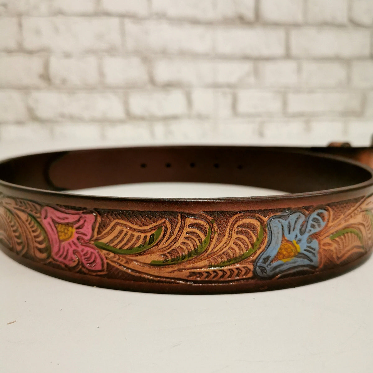 Brown Leather Belt for Women, Floral Embossed, Bohemian Boho Chic