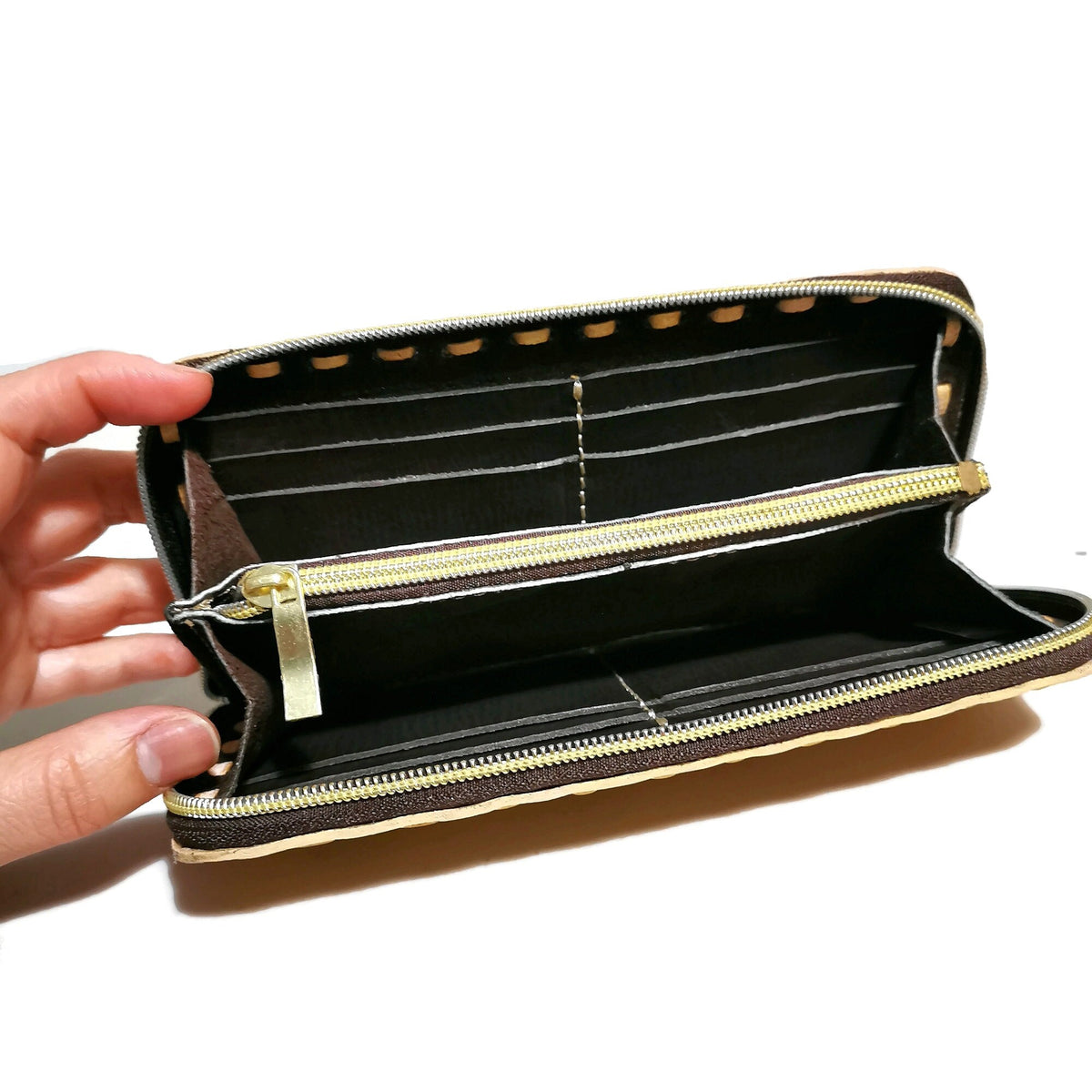 Hand Tooled Leather Wallet for Women Golden Boho Floral, Zippered Card Holder