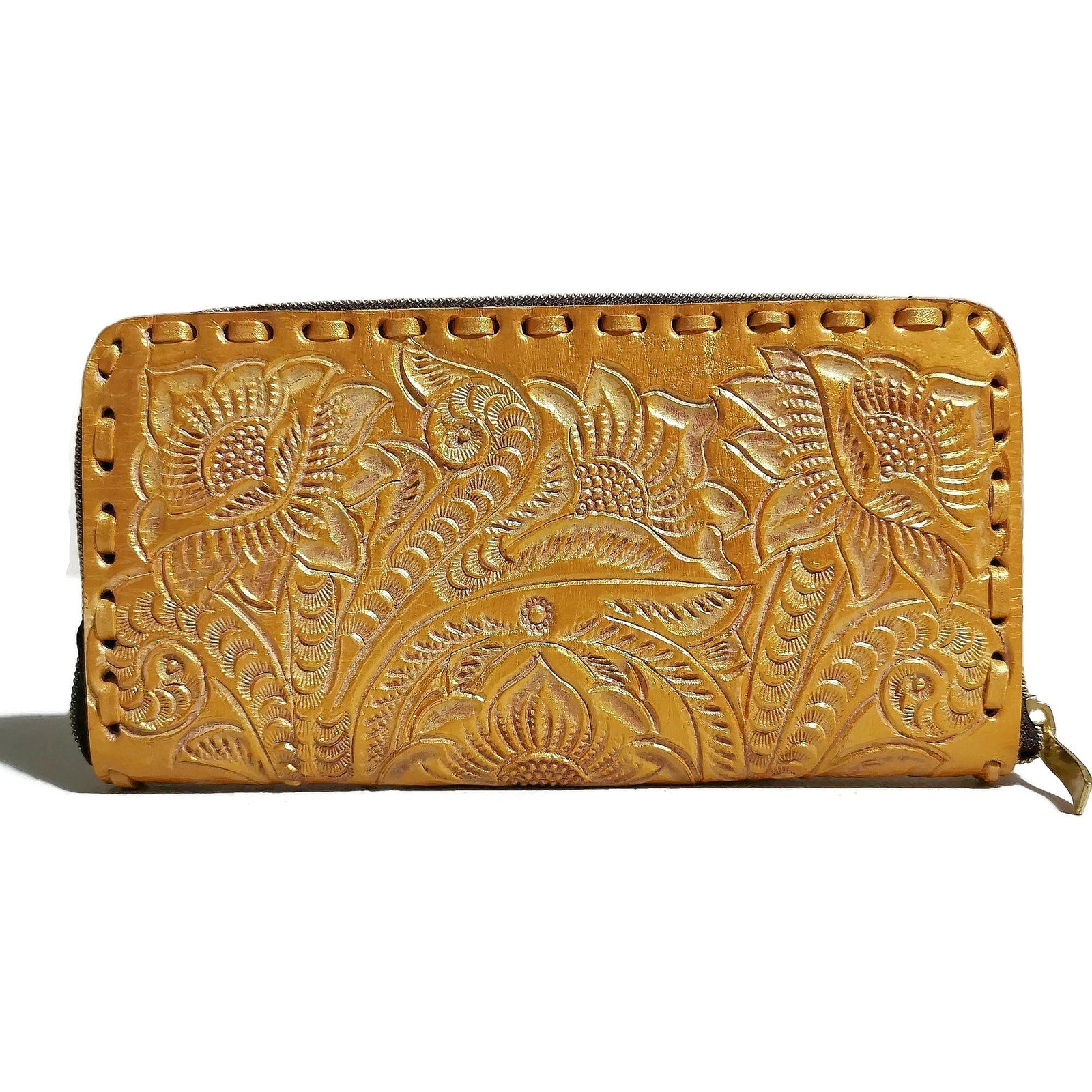 Hand Tooled Leather Wallet for Women Golden Boho Floral, Zippered Card Holder